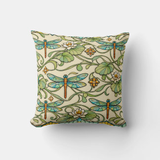 Teal Dragonfly Art Nouveau Botanical Illustration クッション
