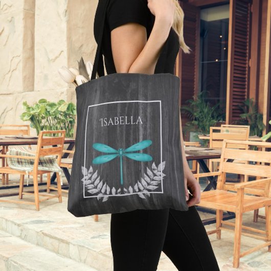 Teal Dragonfly Rustic Personalized Tote Bag トートバッグ