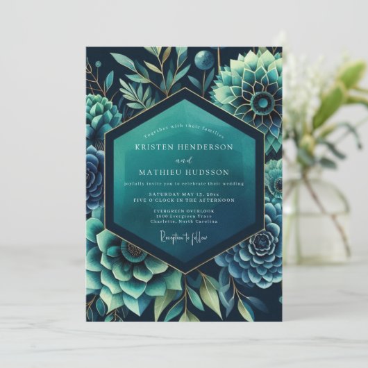Teal Dramatic Botanical Wedding 招待状 (スタンド正面)