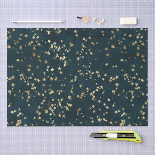 Teal Elegant Celestial Starry Gold Stars Design 薄葉紙 (クラフト)