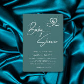 Teal Elegant Script Baby Shower Heart Footprints 招待状