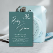 Teal Elegant Script Baby Shower Heart Footprints 招待状