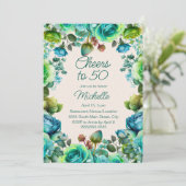 Teal Emerald Green Floral Cheers to 50 Birthday 招待状 (スタンド正面)