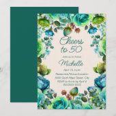 Teal Emerald Green Floral Cheers to 50 Birthday 招待状 (正面/裏面)