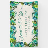 Teal Emerald Green Floral Cheers to 50 Birthday 横断幕 (縦)