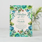 Teal Emerald Green Floral Fabulous 70 Birthday 招待状 (スタンド正面)
