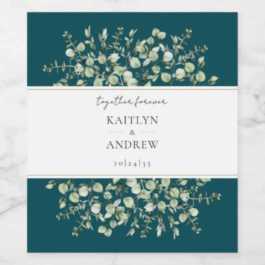 Teal Eucalyptus Together Forever Wedding  ワインラベル (シングルラベル)