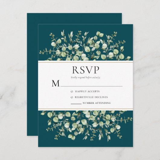Teal Eucalyptus Wedding 出欠カード (正面/裏面)
