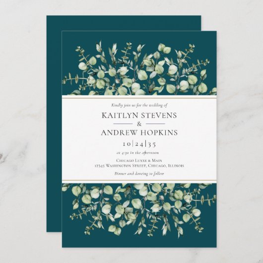 Teal Eucalyptus  Wedding 招待状 (正面/裏面)