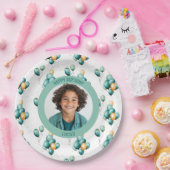 Teal Faux Gold Balloons Photo ペーパープレート (パーティー)