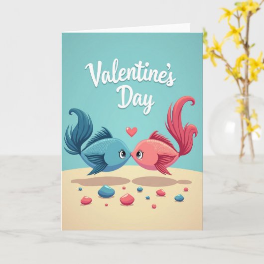 Teal Fish Valentine Love Card カード (黄色い花)