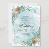 Teal Floral Accent Romantic Wedding 招待状 (正面)