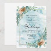 Teal Floral Accent Romantic Wedding 招待状 (正面/裏面)