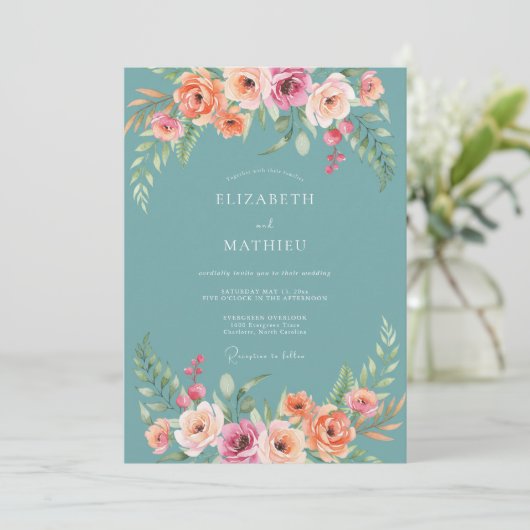 Teal Floral Arch Romance Wedding 招待状 (スタンド正面)