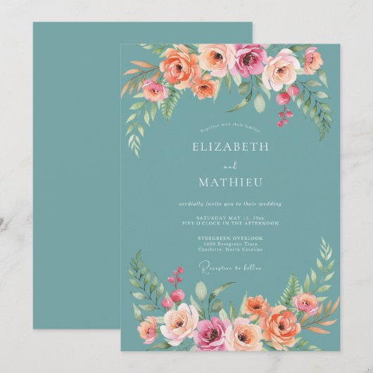 Teal Floral Arch Romance Wedding 招待状 (正面/裏面)