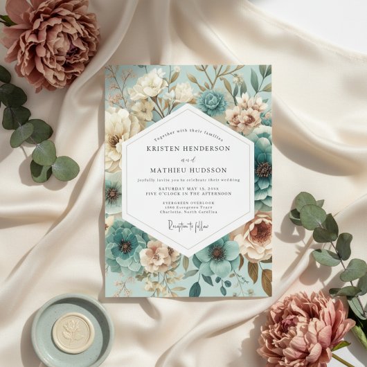 Teal Floral Aura Wedding 招待状