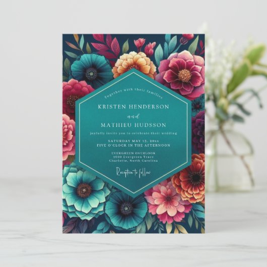 Teal Floral Autumn Wedding 招待状 (スタンド正面)