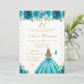 Teal Floral Blonde Hair Princess Birthday Party 招待状 (スタンド正面)