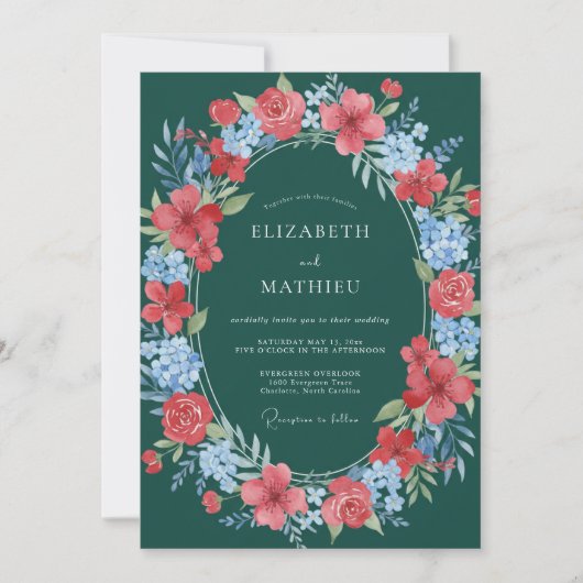 Teal Floral Blossom Wedding 招待状 (正面)