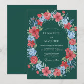 Teal Floral Blossom Wedding 招待状 (正面/裏面)