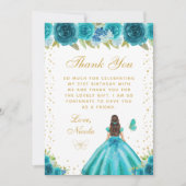 Teal Floral Brunette Hair Princess Birthday Party サンキューカード (正面)