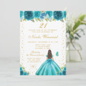 Teal Floral Brunette Hair Princess Birthday Party 招待状 (スタンド正面)