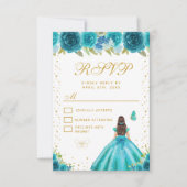 Teal Floral Brunette Hair Princess Sweet Sixteen 出欠カード (正面)