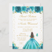 Teal Floral Brunette Hair Princess Sweet Sixteen 招待状 (正面)
