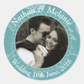 Teal Floral Custom Text ラウンドシール (正面)