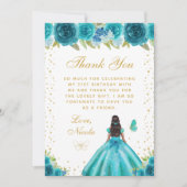 Teal Floral Dark Skin Princess Birthday Party サンキューカード (正面)