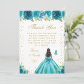 Teal Floral Dark Skin Princess Birthday Party サンキューカード (スタンド正面)