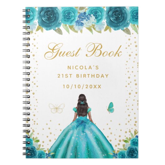 Teal Floral Dark Skin Princess Birthday Party ノートブック (正面)