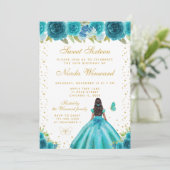 Teal Floral Dark Skin Princess Sweet Sixteen 招待状 (スタンド正面)