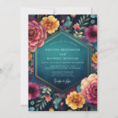 Teal Floral Enchanted Romance Wedding 招待状 (正面)
