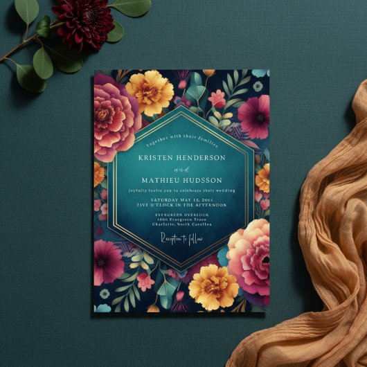 Teal Floral Enchanted Romance Wedding 招待状