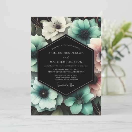 Teal Floral Enchantment Wedding 招待状 (スタンド正面)