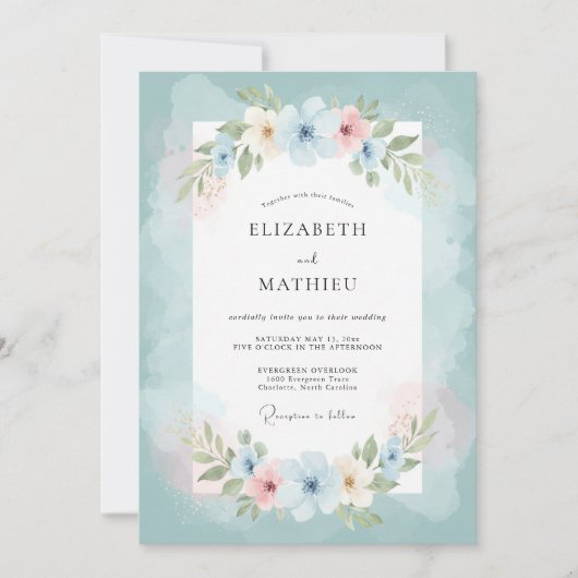 Teal Floral Flourish Wedding 招待状 (正面)