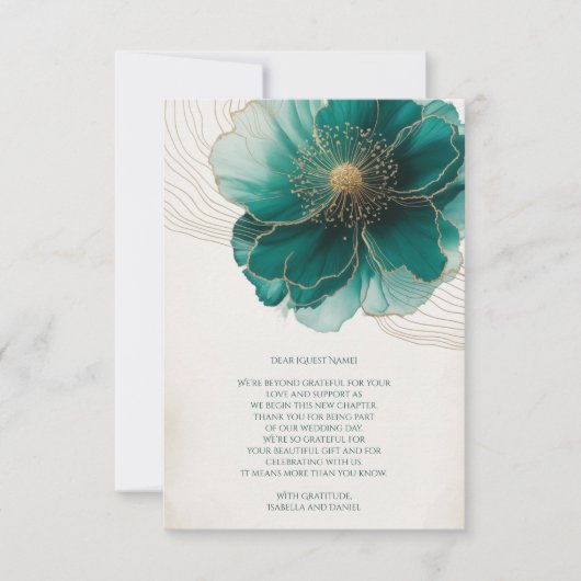 Teal Floral Gold Wedding Thank You  サンキューカード (正面)