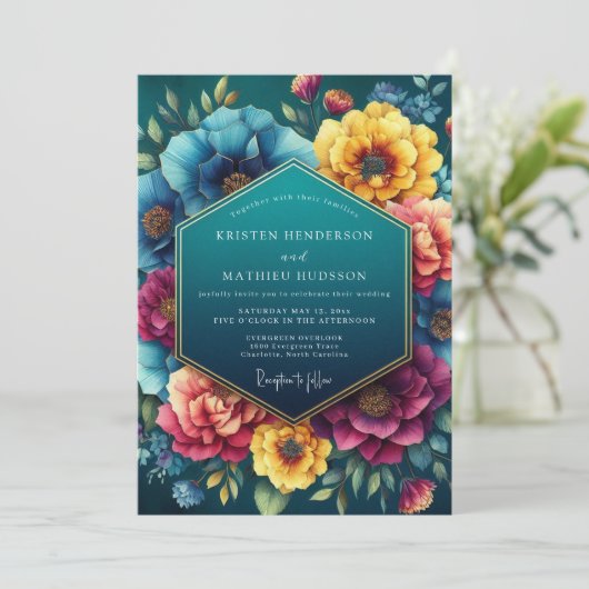 Teal Floral Lush Romance Wedding 招待状 (スタンド正面)