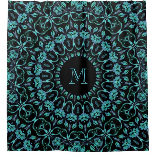 Teal Floral Mandala Monogram シャワーカーテン (正面)