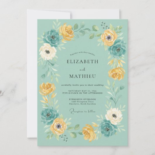 Teal Floral Meadow Wedding 招待状 (正面)