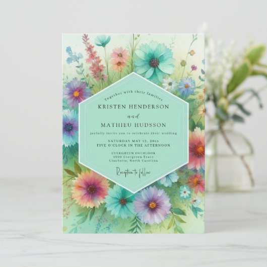Teal Floral Meadow Wedding 招待状 (スタンド正面)