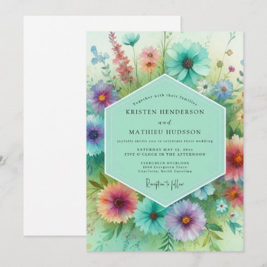 Teal Floral Meadow Wedding 招待状 (正面/裏面)