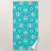 Teal Floral Moroccan Tile Pattern ビーチタオル (正面)