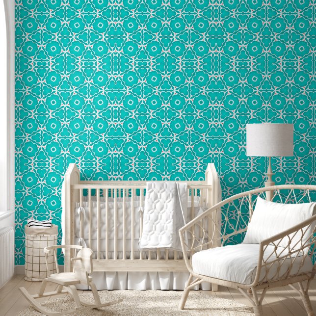 Teal Floral Moroccan Tile Pattern 壁紙 (キッズ)
