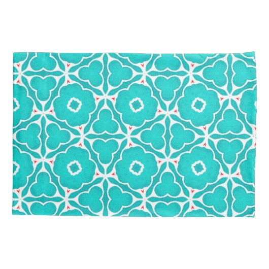 Teal Floral Moroccan Tile Pattern 枕カバー (裏面-左)