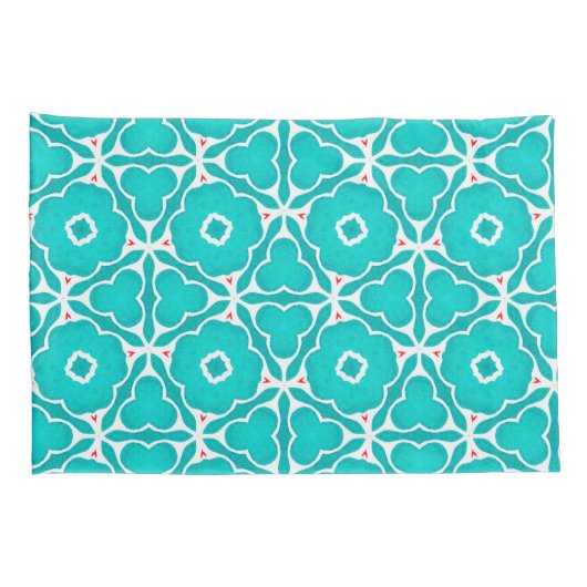 Teal Floral Moroccan Tile Pattern 枕カバー (裏面-右)