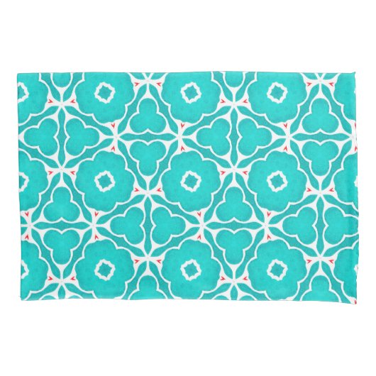Teal Floral Moroccan Tile Pattern 枕カバー (正面左)