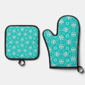 Teal Floral Moroccan Tile Pattern 鍋つかみ&鍋敷きセット (正面)