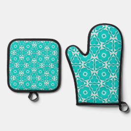 Teal Floral Moroccan Tile Pattern 鍋つかみ&鍋敷きセット